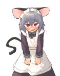  1girl absurdres alternate_costume animal_ears apron blush commentary_request cowboy_shot dress enmaided flat_chest floppy_ears greenpiecerice grey_dress grey_hair hair_between_eyes highres leaning_forward long_sleeves looking_at_viewer maid maid_headdress medium_bangs mouse_ears mouse_girl mouse_tail nazrin open_mouth red_eyes short_hair simple_background solo tail tearing_up touhou trembling v-shaped_eyebrows white_apron white_background 