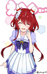  1girl :d ^_^ absurdres animal_ears blush bow chokin_tsucho closed_eyes commentary_request frilled_skirt frills hair_between_eyes hand_up highres horse_ears horse_girl horse_tail long_hair multicolored_hair pleated_skirt puffy_short_sleeves puffy_sleeves purple_bow purple_shirt red_hair school_uniform shirt short_sleeves simple_background skirt smile solo streaked_hair tail tracen_school_uniform translation_request twitter_username umamusume very_long_hair white_background white_hair white_skirt win_variation_(umamusume) 