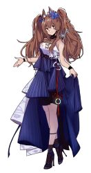  1girl a_mei_f ambience_synesthesia angelina_(ambience_synesthesia_2025)_(arknights) angelina_(arknights) animal_ear_fluff animal_ears arknights bare_shoulders belt black_shoes black_socks blue_bow blue_dress blue_flower blue_ribbon bow breasts brown_hair chinese_knot commentary_request dot_nose dress flower fox_ears fox_girl full_body hair_ribbon high_belt high_heels highres jade_(gemstone) kneehighs long_hair long_sidelocks looking_at_viewer medium_breasts missing_tail orange_eyes pinstripe_dress pinstripe_pattern ribbon shoes sidelocks signature simple_background skirt_hold sleeveless sleeveless_dress smiile smile socks solo white_background 