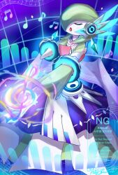  1girl :o artist_name blue_background blue_gem blush bob_cut closed_eyes clothed_pokemon colored_skin commentary_request detached_sleeves energy gardevoir gardevoir_(songstress) gem glowing green_hair green_skin hagoromo hair_over_one_eye hand_on_own_chest hand_up headgear highres light_blush mizuiroshi multicolored_skin music musical_note neon_trim one_eye_covered open_mouth poke_ball_symbol pokemon pokemon_(creature) pokemon_unite purple_shawl purple_skirt shawl short_hair signature singing skirt solo sparkle standing treble_clef two-tone_skin u_u watermark white_skin white_sleeves 