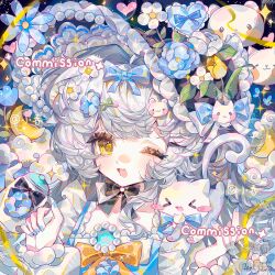  >_< 1girl absurdres beads black_bow blue_bow blue_bowtie blue_dress blue_flower blue_nails blush bonnet bow bowtie cat clouds dress eyelashes fang flower frills hair_bow hair_flower hair_ornament hairclip heart highres long_hair long_sleeves looking_at_viewer nail_polish one_eye_closed open_mouth original puffy_long_sleeves puffy_sleeves ribbon sample_watermark shirt skin_fang smile solo sparkle upper_body watermark weibo_username weibo_watermark white_flower white_hair white_shirt xiaochunli yellow_bow yellow_eyes 