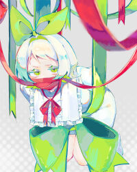  +_+ 1girl aegyo_sal annoyed arms_behind_back bent_over blurry blurry_foreground bound bow bow_hairband bowtie colored_eyelashes colored_inner_hair commentary_request covered_mouth dress flipped_hair frilled_dress frills frion622 full_body furrowed_brow gag green_bow green_eyes green_hair green_hairband green_ribbon grey_background hairband halftone halftone_background highres improvised_gag jitome knees_together_feet_apart long_sleeves looking_at_viewer multicolored_hair original pale_skin pencil_dress puffy_long_sleeves puffy_sleeves red_bow red_bowtie red_ribbon ribbon shoes short_bangs short_hair simple_background solo swept_bangs tied_up_(nonsexual) two-tone_hair white_dress white_eyelashes white_hair white_shoes 
