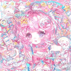  1girl absurdres ahoge beads blue_bow blush bow bowtie candy candy_hair_ornament cellphone choker collar eyelashes flip_phone flower food food-themed_hair_ornament frilled_sleeves frills fruit hair_bow hair_flower hair_ornament heart highres holding holding_phone jewelry lollipop long_hair long_sleeves looking_at_viewer nail_polish open_mouth original pastel_colors phone pink_bow pink_choker pink_collar pink_eyes pink_hair pink_nails pink_theme polka_dot polka_dot_bow ribbon shirt smile solo sparkle star_(symbol) star_hair_ornament twintails upper_body v watermark xiaochunli 