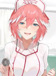 1girl alternate_costume blue_eyes blush breasts buttons colored_inner_hair commentary_request cowboy_shot double-breasted double-parted_bangs hair_between_eyes hat head_wings highres holding holding_stethoscope hololive indoors large_breasts looking_at_viewer medium_hair multicolored_hair nurse_cap open_mouth pink_hair privacy_screen shirt smile solo stethoscope takane_lui virtual_youtuber waa_(kurozaki) white_shirt wings 