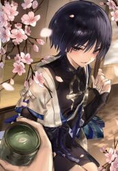  1boy arm_at_side black_bodysuit black_bow black_hair black_shorts blue_cape blue_kimono blue_sleeves blunt_ends blush bodysuit bow cape cherry_blossoms clenched_hand commentary_request covered_collarbone cup empty_eyes eyeliner feathers fingernails genshin_impact gold_trim hand_up highres holding holding_cup japanese_clothes juban kimono layered_sleeves looking_at_viewer makeup male_focus mandarin_collar open_clothes open_kimono parted_lips petals pink_petals pom_pom_(clothes) pov pov_hands purple_rope red_eyeliner rope scaramouche_(genshin_impact) short_sleeves shorts shoulder_peek side_cape sitting solo tsurime violet_eyes wanderer_(genshin_impact) white_kimono white_mouth white_sleeves wispy_bangs yellow_feathers yu_(geda4335) yunomi 