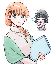  2girls alternate_costume alternate_hairstyle aqua_eyes braid breasts brown_bag capelet cerise_bouquet closed_mouth collared_shirt folder green_shawl grey_capelet grey_hat grey_skirt hair_ornament hair_over_shoulder hairclip hat highres hinoshita_kaho holding holding_folder link!_like!_love_live! long_hair long_sleeves looking_at_viewer love_live! medium_breasts momose_ginko multiple_girls orange_hair parallel_hairclips pleated_skirt rabbit_hair_ornament shawl shirt single_braid skirt smile solo_focus sparkle sweater turtleneck turtleneck_sweater upper_body virtual_youtuber white_shirt white_sweater zangemiya 