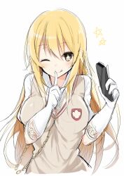  1girl ;q blush breasts brown_sweater_vest commentary_request finger_to_mouth gloves index_finger_raised kakao_(chocolate_land) large_breasts long_hair looking_at_viewer one_eye_closed school_uniform shirt shokuhou_misaki short_sleeves shushing simple_background sketch solo sweater_vest toaru_majutsu_no_index tokiwadai_school_uniform tongue tongue_out white_background white_gloves white_shirt 