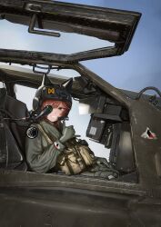  1other absurdres aircraft blue_background brown_hair commentary commission gloves green_eyes green_gloves grin helmet highres looking_at_viewer military original pilot pilot_helmet simple_background sitting smile teeth the_zombie5555 