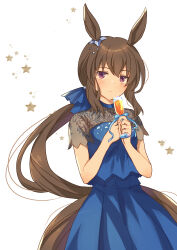  1girl admire_vega_(umamusume) animal_ears blue_dress blush breasts brown_hair closed_mouth commentary cup dress hair_between_eyes highres holding holding_cup horse_ears horse_girl horse_tail long_hair looking_at_viewer low_ponytail nnmkmwakaranai ponytail short_sleeves solo star_(symbol) tail umamusume untranslatable_commentary violet_eyes 