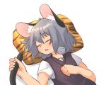  1girl animal_ear_fluff animal_ears animal_print blush closed_eyes commentary_request grabbing_own_tail greenpiecerice grey_vest hair_between_eyes medium_bangs mouse mouse_ears mouse_girl mouse_tail nazrin open_mouth pillow print_pillow shirt short_hair short_sleeves simple_background sleeping solo tail tiger_print touhou upper_body vest white_background white_shirt 