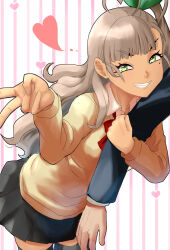  1girl 1other ahoge alternate_costume arm_hug black_skirt black_thighhighs blunt_bangs brown_hair commentary_request cowboy_shot dark-skinned_female dark_skin green_eyes grin gyaru heart heart_ahoge highres kantai_collection kashi_(kancolle) leaning_forward nekotarou_(nktr299) one_side_up pleated_skirt school_uniform skirt smile striped_background sweater thigh-highs yellow_sweater 