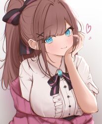  1girl absurdres alternate_eye_color black_bow blue_eyes blush bow breasts burnt_hair cardigan center_frills closed_mouth collared_shirt commentary english_commentary frilled_shirt frills grey_background hair_bow hand_on_own_cheek hand_on_own_face heart high_ponytail highres huge_breasts long_hair looking_at_viewer nijisanji pink_bow pink_cardigan ponytail ri_shan shirt smile solo striped_bow suzuhara_lulu suzuhara_lulu_(1st_costume) two-tone_bow virtual_youtuber white_shirt 