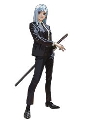  1girl asymmetrical_bangs black_jacket black_necktie black_shoes black_socks black_suit blue_hair blunt_bangs character_select commentary_request diagonal_bangs fighting_stance formal_clothes full_body h4sh1rnoto highres jacket jujutsu_kaisen katana long_hair looking_to_the_side miwa_kasumi necktie nose pant_suit pants ready_to_draw scar scar_on_face shoes socks solo suit sword translation_request weapon white_background 