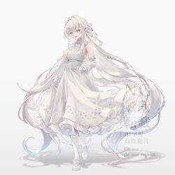  1girl absurdly_long_hair absurdres blue_gem bow breasts commentary_request detached_sleeves dress full_body gem grey_eyes hair_between_eyes hair_bow highres long_hair long_sleeves looking_at_viewer open_mouth original paid_reward_available pantyhose shoes simple_background skirt_hold sleeveless sleeveless_dress solo standing standing_on_one_leg very_long_hair white_background white_bow white_dress white_hair white_pantyhose white_shoes white_sleeves yuubarish 