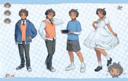  1boy bird black_necktie blue_shirt blush brown_hair cephalomeow checkered_background closed_eyes collared_shirt commentary crossdressing crossdressing_(mtf) degrees_of_lewdity dress english_commentary freckles hair_ornament hairclip hand_in_pocket hand_on_own_hip handheld_game_console highres holding holding_handheld_game_console hood hoodie musical_note necktie nintendo_switch robin_(bird) robin_(degrees_of_lewdity) robin_(male)_(degrees_of_lewdity) school_uniform shirt shorts skirt_hold socks solo sweater_vest violet_eyes white_dress 
