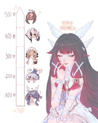  1girl arlecchino_(genshin_impact) black_hair bow closed_eyes closed_mouth columbina_(genshin_impact) commentary dress english_commentary finger_to_mouth furina_(genshin_impact) genshin_impact gradient_hair hair_ribbon hand_up head_wings highres kiss_meter_(meme) lauma_(genshin_impact) long_hair mask meme multicolored_hair multiple_girls pink_hair ribbon sandrone_(genshin_impact) shrimperer two-tone_hair very_long_hair white_background white_bow white_dress white_wings wings wrist_bow 