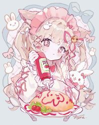  1girl animal_ear_fluff animal_ears bell blonde_hair blush bottle bow bowtie cat_ears cat_girl closed_mouth commentary_request food fork hair_bell hair_intakes hair_ornament hair_ribbon highres holding holding_bottle ketchup_bottle long_hair long_sleeves omelet omurice original plate red_bow red_bowtie red_eyes red_ribbon ribbon shirt signature sleeve_ribbon solo spoon upper_body white_shirt zane290 