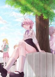  4girls ahoge aqua_sweater black_shorts blonde_hair blue_sky bow bowtie brown_hair chinese_commentary clouds cloudy_sky collared_shirt commentary_request faceless faceless_female frilled_shirt frills highres honkai_(series) honkai_gakuen multicolored_hair multiple_girls open_mouth outdoors pink_hair pink_serafuku pink_skirt purple_bow purple_bowtie purple_hair school_uniform serafuku shirt short_hair shorts sin_mal sin_mal0909 sitting skirt sky solo_focus standing sweater thigh-highs tree two-tone_hair violet_eyes white_shirt white_thighhighs yellow_eyes 