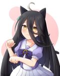  1girl absurdres ahoge animal_ears black_hair blush bow brown_eyes cat_ears cat_girl cat_tail closed_mouth commentary_request goom_(goomyparty) hair_between_eyes hands_up highres kemonomimi_mode long_hair looking_at_viewer manhattan_cafe_(umamusume) paw_pose pink_background pleated_skirt puffy_short_sleeves puffy_sleeves purple_bow purple_shirt shirt short_sleeves skirt solo tail two-tone_background umamusume very_long_hair white_background white_skirt 