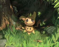  absurdres artghostt commentary english_commentary full_body grass highres mimikyu no_humans outdoors patreon_username pokemon pokemon_(creature) pokemon_focus shade solo tree web_address 