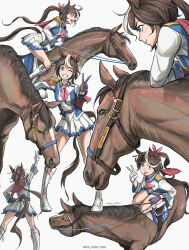  1girl absurdres animal_ears arm_up ascot asymmetrical_gloves blue_eyes boots brown_hair brown_horse buttons cape closed_mouth commentary creature_and_personification double-breasted ear_ribbon english_commentary epaulettes gloves hair_between_eyes highres horse horse_ears horse_girl horse_tail horseback_riding jacket long_hair long_sleeves looking_at_viewer mada_fadaz mismatched_gloves multicolored_hair multicolored_jacket multiple_views one_eye_closed open_mouth personification pink_ascot ponytail real_life red_cape riding saddle single_epaulette skirt smile streaked_hair tail teeth tokai_teio_(peak_joy)_(umamusume) tokai_teio_(racehorse) tokai_teio_(umamusume) tongue tongue_out two-tone_hair two-tone_jacket two-tone_skirt umamusume v white_boots white_gloves white_hair white_jacket white_skirt 