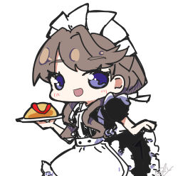  1girl :d absurdres apron black_dress brown_hair commentary cowboy_shot deformed dress enmaided food frilled_dress frills fujishima_megumi hair_over_shoulder highres holding holding_food holding_plate link!_like!_love_live! long_hair love_live! maid maid_headdress omelet omurice oofushi_ao open_mouth plate puffy_short_sleeves puffy_sleeves short_sleeves simple_background skirt_hold smile solo violet_eyes virtual_youtuber white_apron white_background 