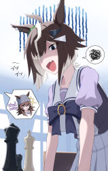 2girls absurdres ahoge animal_ears beanie blue_eyes board_game bow bowtie breasts brown_hair chess chess_piece commentary_request ears_through_headwear fang grey_hat hair_between_eyes hair_ornament hair_over_one_eye hat highres hitempo horse_ears horse_girl king_(chess) lollipop_in_mouth long_hair medium_breasts multicolored_hair multiple_girls nakayama_festa_(umamusume) open_mouth parted_lips pleated_skirt puffy_short_sleeves puffy_sleeves purple_bow purple_bowtie purple_shirt queen_(chess) rook_(chess) rulership_(umamusume) sailor_collar sailor_shirt school_uniform shirt short_hair short_sleeves skin_fang skirt smile solo_focus speech_bubble squiggle streaked_hair tracen_school_uniform umamusume violet_eyes white_sailor_collar white_skirt 