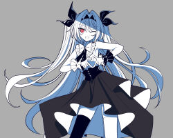  1girl absurdres asymmetrical_legwear bow chunzhenzhiren_innocent colored_skin commentary_request cowboy_shot frilled_wrist_cuffs frills hair_bow hair_intakes heart heart_hands high-waist_skirt highres lilith_(the_noexistencen_of_you_and_me) long_hair mismatched_legwear official_artist_extra one_eye_closed open_mouth red_eyes skirt sleeveless smile solo sparkle the_noexistencen_of_you_and_me thigh-highs very_long_hair white_hair white_skin wrist_cuffs 