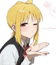 1girl absurdres ahoge black_vest blonde_hair blush bocchi_the_rock! bow bowtie closed_mouth collared_shirt commentary ghost gotoh_hitori hands_up highres ijichi_nijika long_hair long_sleeves looking_at_viewer one_eye_closed open_mouth red_bow red_bowtie red_eyes seisyuntarotto shirt sidelocks simple_background solo_focus sweatdrop untranslatable_commentary upper_body vest white_background white_shirt 