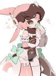  1girl aria_(zenless_zone_zero) arm_garter baby_bottle black_sclera blush bottle bow closed_eyes colored_sclera commentary cowboy_shot drinking green_bow highres holding holding_bottle humanoid_robot robot robot_girl siomimi solo untranslatable_commentary white_background zenless_zone_zero 