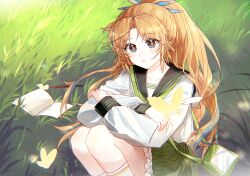  1girl arknights black_sailor_collar blonde_hair blue_eyes blush bug butterfly chinese_commentary commentary_request crossed_arms day feet_out_of_frame frilled_skirt frills grass green_skirt hair_intakes hansuitianer highres kneehighs light_particles long_sleeves looking_at_viewer mole mole_under_eye outdoors parted_bangs pencil pinecone_(arknights) plant sailor_collar shirt sitting skirt socks solo white_shirt white_socks yellow_pupils 