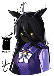  1girl ahoge animal_ears artist_name black_hair bow bowtie breasts closed_mouth commentary_request dark-skinned_female dark_skin hair_between_eyes horse_ears horse_girl light_frown long_hair long_hair_between_eyes long_sleeves manhattan_cafe_(umamusume) medium_breasts multicolored_hair purple_sailor_collar sailor_collar school_uniform signature simple_background slcunix solo split_mouth sunday_silence_(racehorse) tracen_school_uniform umamusume very_dark_skin very_long_hair white_background white_bow white_bowtie white_hair yellow_eyes 