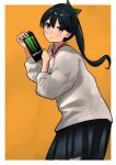  1girl apron black_hair black_hakama border can energy_drink green_eyes hakama hakama_skirt holding houshou_(kancolle) japanese_clothes kantai_collection kappougi monster_energy orange_background skirt smile solo split_mouth timmyyen two-tone_background white_border 