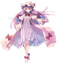 1girl blue_bow boots bow breasts capelet commentary crescent crescent_hat_ornament dress eirudi footwear_bow full_body hair_bow hat hat_ornament highres long_hair long_sleeves looking_at_viewer mob_cap multiple_hair_bows patchouli_knowledge pink_boots pink_capelet pink_dress purple_hair red_bow simple_background small_breasts solo striped_clothes striped_dress touhou vertical-striped_clothes vertical-striped_dress very_long_hair violet_eyes white_background wide_sleeves 