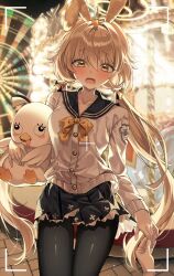  1girl absurdres animal_ear_hairband animal_ears black_pantyhose blue_archive blurry blurry_background blush brown_hair carousel carrot_hair_ornament collarbone commentary_request dress facing_viewer fake_animal_ears ferris_wheel food-themed_hair_ornament hair_ornament hairband halo hand_grab hifumi_(blue_archive) highres holding_hands hugging_object jjuha6 long_hair looking_at_viewer low_twintails night open_mouth outdoors pantyhose pov rabbit_ear_hairband rabbit_ears sailor_collar sailor_dress school_uniform serafuku skirt solo standing stuffed_animal stuffed_bird stuffed_toy twintails viewfinder yellow_eyes yellow_halo 
