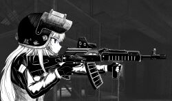  1girl absurdres aiming ak-74m ak74m_(girls'_frontline) assault_rifle eotech f4_u fingerless_gloves girls_frontline gloves greyscale gun hair_between_eyes helmet highres kalashnikov_rifle long_hair monochrome rifle solo violet_eyes weapon 