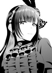  1girl absurdres arms_at_sides ascot assault_lily blunt_bangs breasts center_frills commentary_request feather_hair_ornament feathers flower flower_hairband frilled_shirt frills gem_hair_ornament gozen_(assault_lily) greyscale grin hair_flower hair_ornament hairband highres large_breasts long_hair looking_at_viewer monochrome parted_lips shirt sideways_glance simple_background smile solo tassel tassel_hair_ornament upper_body white_background yadoo 