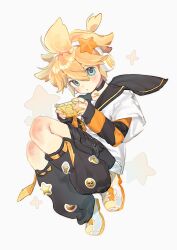  1boy :o black_leg_warmers black_sailor_collar black_shorts blonde_hair blue_eyes blush commentary double-parted_bangs full_body hair_between_eyes handheld_game_console headphones highres holding holding_handheld_game_console kagamine_len layered_sleeves leg_warmers long_sleeves looking_at_viewer male_focus open_mouth paki2000 sailor_collar shirt shoes short_hair short_over_long_sleeves short_sleeves shorts simple_background solo star_(symbol) striped_sleeves untranslatable_commentary vocaloid white_background white_shirt white_shoes 