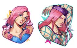  1boy 1girl bandaid bandaid_on_face blue_eyes blue_tank_top commentary cropped_torso english_commentary fishnet_top fishnets flower hair_bobbles hair_ornament hat hirose_yasuho horned_hat jojo_no_kimyou_na_bouken jojolion lis_cepu long_hair looking_at_viewer narciso_anasui parted_lips pink_eyes pink_flower pink_hair pink_lips purple_hat simple_background stone_ocean tank_top twintails white_background 