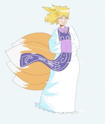  1girl anima_vivo animal_ears blonde_hair blue_background closed_eyes closed_mouth commentary dress english_commentary facing_viewer fang floating_clothes floating_hair fox_ears fox_girl fox_tail full_body hands_in_opposite_sleeves highres long_sleeves medium_hair missing_headwear multiple_tails solo standing tail touhou v-shaped_eyebrows white_dress wind yakumo_ran 