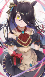  1girl absurdres ahoge alternate_color animal_ears armband armpit_crease ascot black_dress black_eyeliner black_gloves black_hair blush box closed_mouth cosplay crossed_bangs dress ear_ornament ear_tag earrings eyelashes eyeliner frilled_armband frills gem gift gift_box gloves hair_between_eyes hair_over_one_eye highres holding holding_gift horse_ears horse_girl jewelry long_bangs long_hair long_hair_between_eyes looking_at_viewer makeup manhattan_cafe_(umamusume) mihono_bourbon_(code:_icing)_(umamusume) mihono_bourbon_(umamusume) mihono_bourbon_(umamusume)_(cosplay) multicolored_hair ra_mun5239 red_ascot ribbon shirt shy single_earring sleeveless sleeveless_dress smile solo umamusume very_long_hair white_hair yellow_eyes 