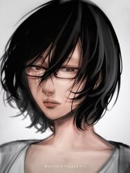  1girl annathinggoesxx artist_name black_hair brown_eyes glasses highres instagram_username looking_at_viewer messy_hair mole mole_above_mouth nanjou_sachi oyasumi_punpun parted_lips portrait shirt short_hair solo white_shirt 