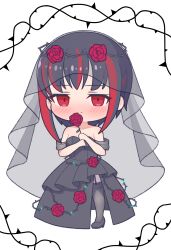  1girl absurdres alternate_costume bare_shoulders black_dress black_hair black_shoes black_thighhighs black_veil blush bridal_veil chibi chibi_only closed_mouth commentary_request dress dress_flower falling_petals flower full_body furrowed_brow garter_straps hands_up heaven_burns_red high_heels highres holding holding_flower long_dress looking_at_viewer medium_hair mikoto_fubuki multicolored_hair off-shoulder_dress off_shoulder petals red_eyes red_flower red_rose red_streaks rose rose_petals shoes simple_background sizmaru11 smile solo split_mouth streaked_hair thigh-highs veil wedding_dress white_background 