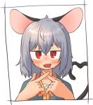  1girl ahoge animal_ears blue_capelet blush capelet commentary_request crossed_bangs crossed_fingers greenpiecerice grey_hair hair_between_eyes heart heart_tattoo looking_at_viewer medium_bangs mouse_ears mouse_girl mouse_tail nazrin open_mouth red_eyes shirt short_hair simple_background smile solo sweat tail tattoo touhou upper_body white_background white_shirt 