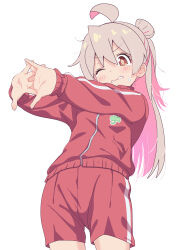  1girl absurdres ahoge blush brown_eyes commentary_request hair_between_eyes hair_bun highres jacket long_hair onii-chan_wa_oshimai! oyama_mahiro pink_hair red_jacket red_shorts shiina_excel shorts simple_background single_hair_bun single_side_bun solo standing stretching sweatdrop track_suit white_background 