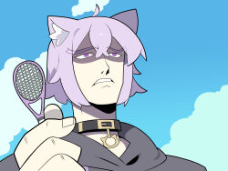  absurdres ahoge animal_ears black_choker blue_sky cat_ears cat_girl choker clouds cocomayo29_(tomato) commentary_request hair_between_eyes highres holding holding_tennis_racket hololive korean_commentary nekomata_okayu nekomata_okayu_(1st_costume) open_mouth purple_hair racket shaded_face short_hair sky teeth tennis_racket violet_eyes virtual_youtuber 