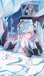  1girl absurdres aqua_eyes aqua_hair aqua_nails aqua_necktie aqua_trim arm_tattoo bare_shoulders blush closed_mouth collarbone collared_shirt commentary_request detached_sleeves hair_between_eyes hair_ornament hand_on_own_cheek hand_on_own_face hatsune_miku headset highres long_hair long_sleeves looking_at_viewer lying miku_day nagihaha necktie number_tattoo on_stomach shirt sleeveless sleeveless_shirt smile soles solo tattoo television twintails very_long_hair vocaloid white_shirt wide_sleeves 