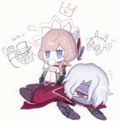  ... 303owo303 :3 @_@ bandage_on_face bandages black_dress blue_eyes bonnet brown_hair cloak columbina_(genshin_impact) commentary_request crown cup dress drinking english_text eye_mask genshin_impact hair_ornament hair_over_one_eye hair_ribbon hand_up holding holding_cup holding_tray lying mask on_stomach pulonia_(genshin_impact) purple_cloak rerir_(genshin_impact) ribbon sandrone_(genshin_impact) short_hair_with_long_locks sitting speech_bubble tea teacup thigh-highs tray white_headdress white_thighhighs 