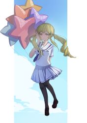  1girl absurdres adjusting_hair arm_behind_back bang_dream! bang_dream!_girls_band_party! black_pantyhose black_shoes blonde_hair blue_neckerchief blue_skirt blue_sky clouds commentary_request full_body hair_ornament hand_up hazima_777 highres ichigaya_arisa loafers looking_at_viewer neckerchief pantyhose pillarboxed pleated_skirt sailor_collar school_uniform serafuku shirt shoes short_sleeves sidelocks skirt sky solo star_balloon twintails white_sailor_collar white_shirt x_hair_ornament yellow_eyes 