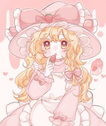  1girl alternate_color apron back_bow blonde_hair bow braid commentary eating food fruit hair_bow hat hat_bow highres holding holding_food holding_fruit kirisame_marisa long_hair long_sleeves nagomi_(nagomi_12) pink_bow pink_hat side_braid single_braid solo strawberry strawberry_milk touhou untranslatable_commentary very_long_hair white_apron white_bow witch_hat yellow_eyes 